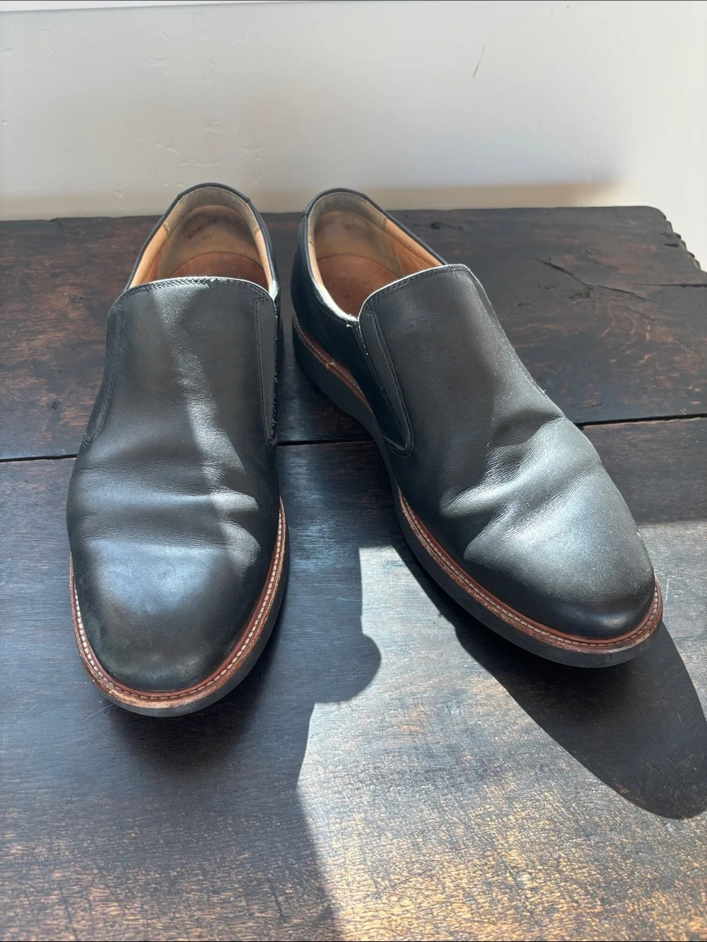 Men's Black Leather Slip-On Loafers with Brown Trim